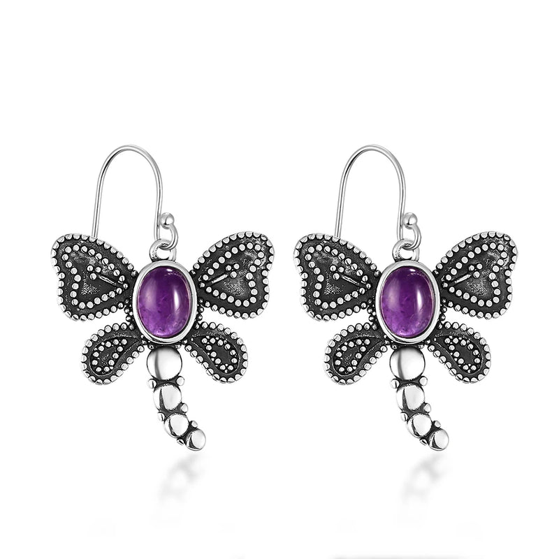 6x8MM Oval Amethyst Butterfly Drop Earrings 925 Sterling Silver Fine Jewelry