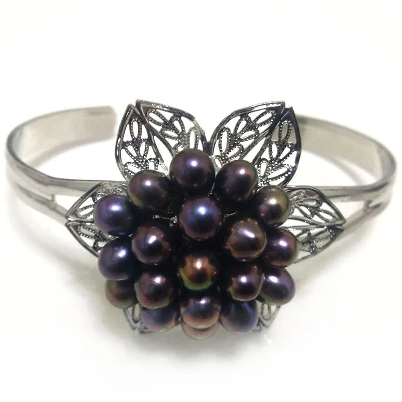 7.5-8" 5-6mm Freshwater Pearl Flower Cluster Silver Bangle