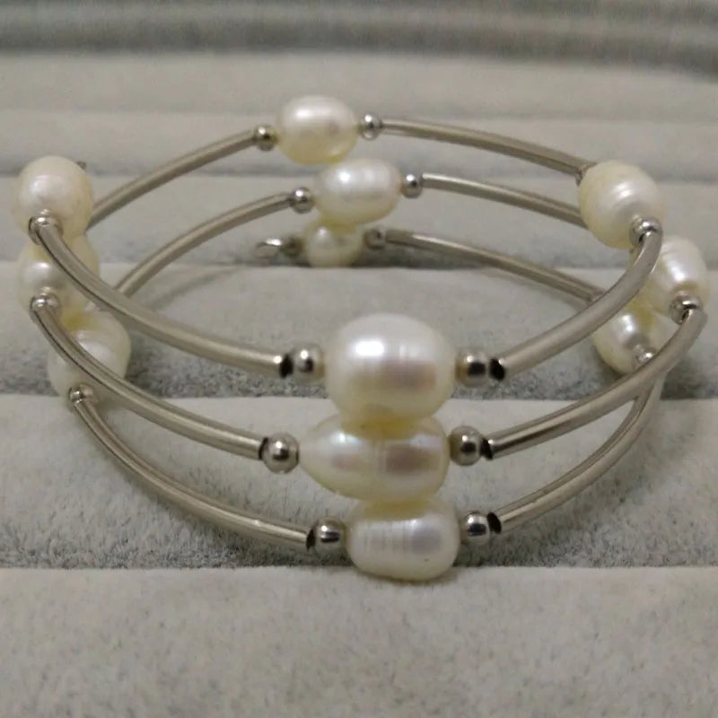 7.5-8 in Natural Rice Pearl Memory Wire Bracelet