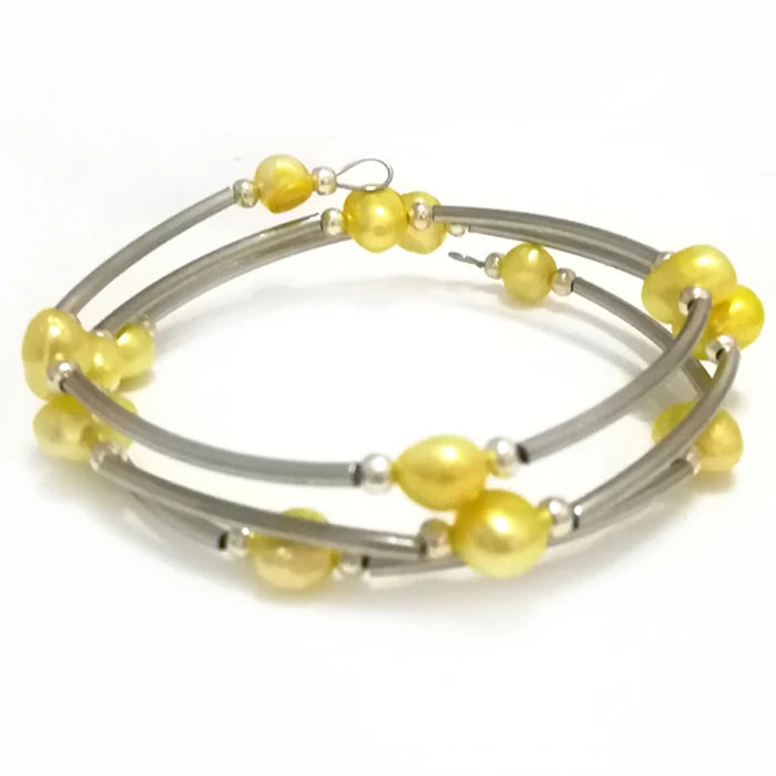 7.5-8in 7-8mm Yellow Freshwater Baroque Pearl Memory Wire Bracelet