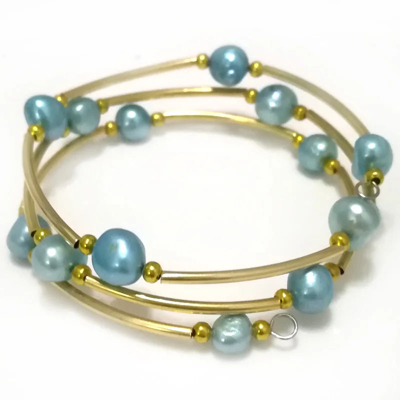 Baroque Freshwater Pearl Memory Wire Wrap Bracelet 7.5-8 inches 8-9mm