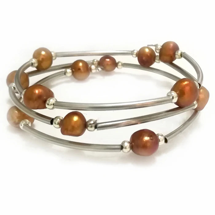 Brown Baroque Pearl Memory Wire Bracelet 7.5-8 inches 8-9mm