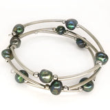 Dark Green Baroque Pearl Memory Wire Bracelet 7.5-8in 8-9mm