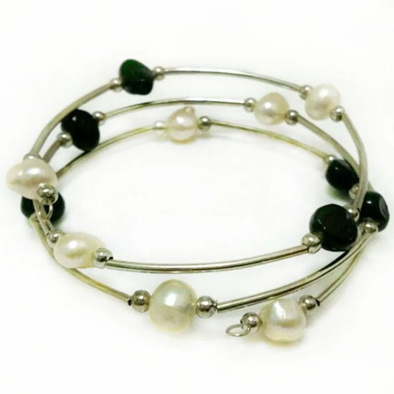 Natural Freshwater Baroque Pearl Memory Wire Bracelet 8-9mm