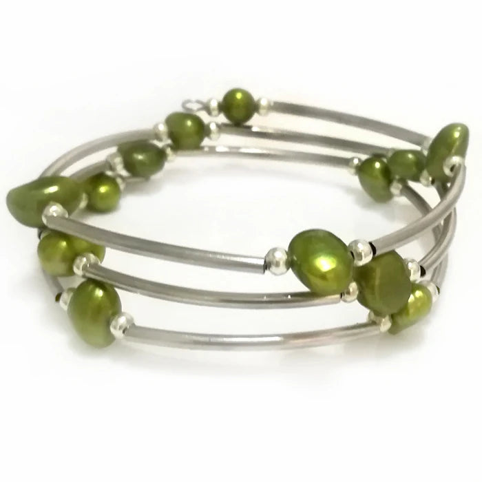 7.5-8 in 8-9mm Olive Baroque Pearl Memory Wire Bracelet