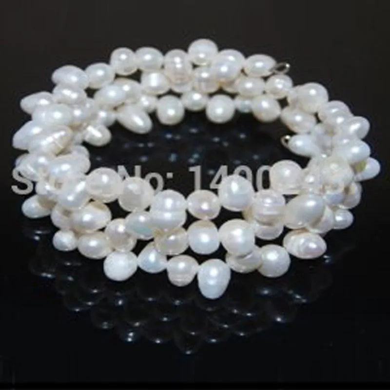 Women's Natural Rice Memory Wire Wrap Pearl Bracelet 7.5 inches 5-6mm