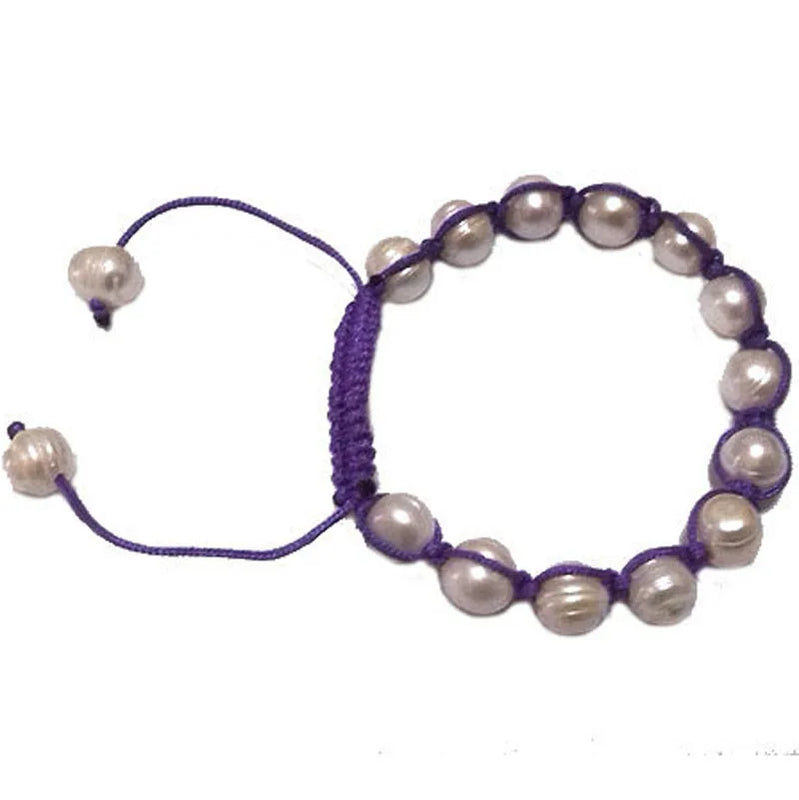 Adjustable Braided Pearl Bracelet, Purple Thread, 9-10mm