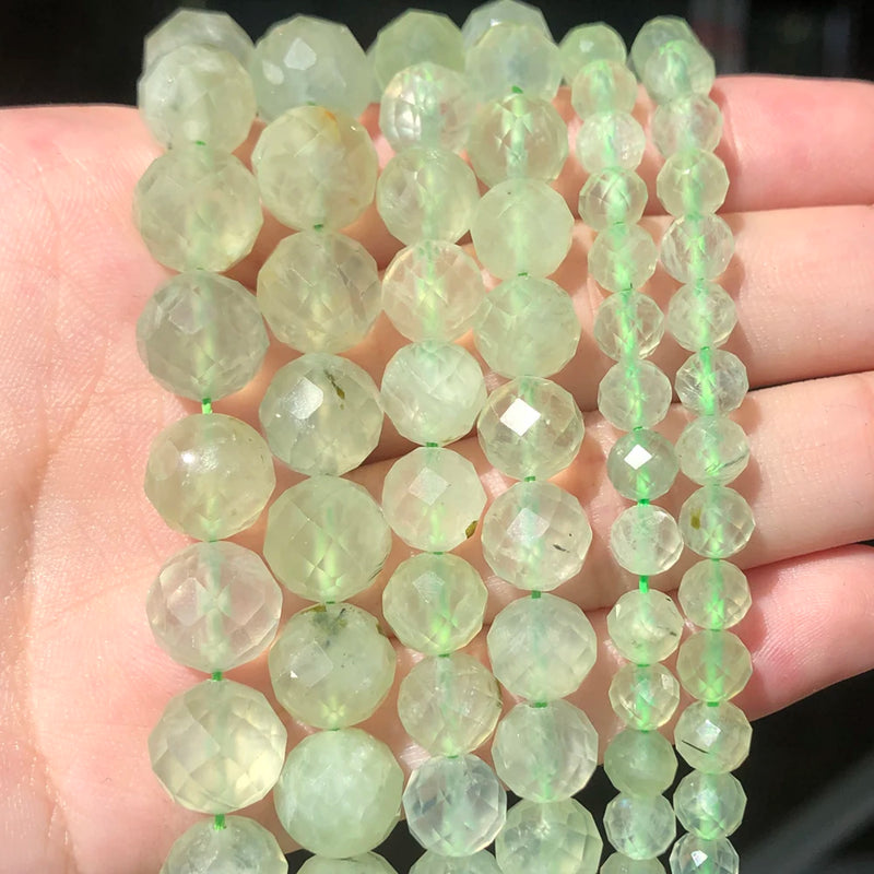 Natural Faceted Green Prehnite Jades Stone Bead Round Loose Spacer Beads