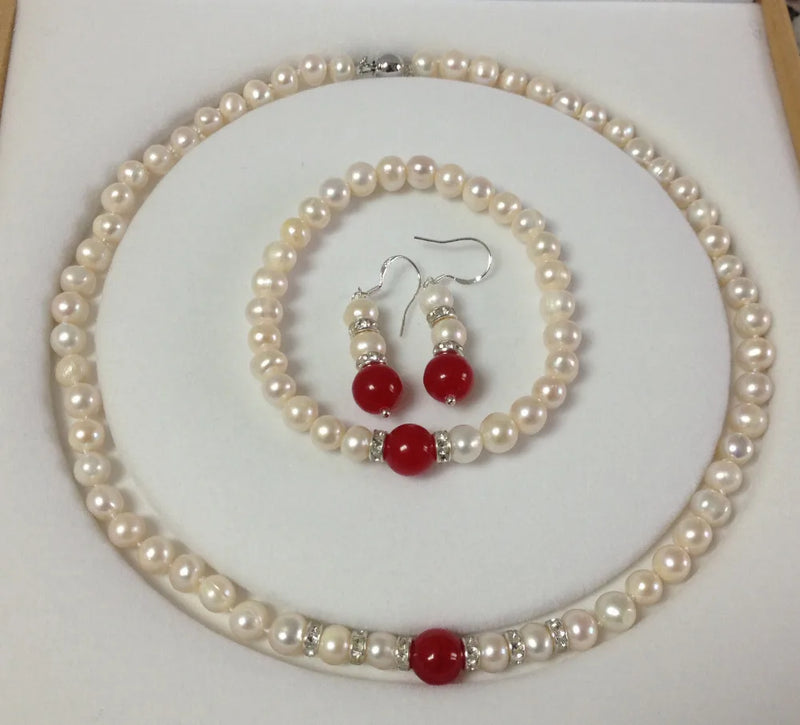 7-8MM Akoya Pearl/Red Jade Jewelry Set A026