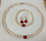 7-8MM Akoya Pearl/Red Jade Jewelry Set A026