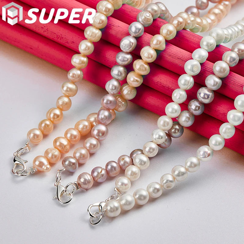 Freshwater Pearl Chain Necklace 925 Silver Lobster Clasp Wedding Jewelry