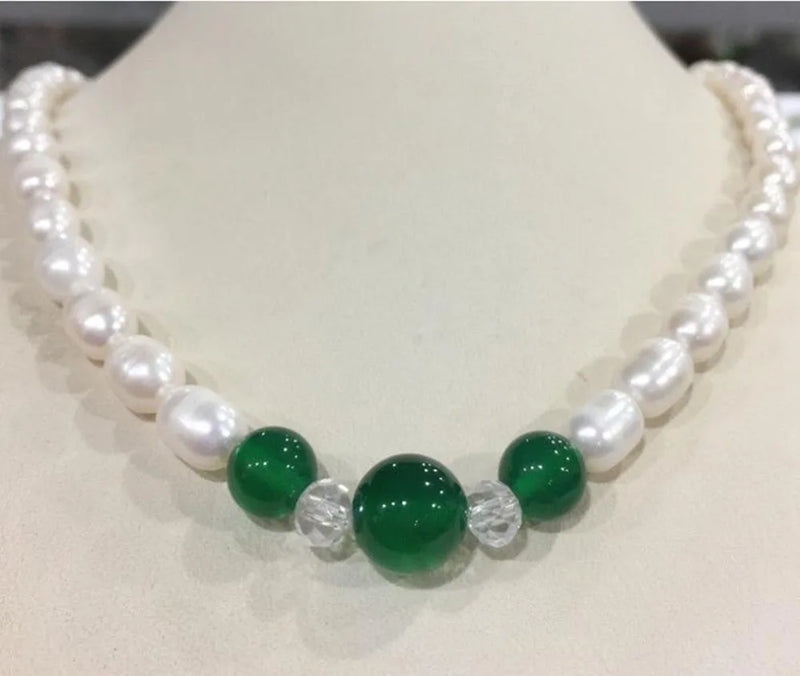 7-8mm akoya Freshwater Rice Pearl & 8-10mm Green Agate Necklace 18