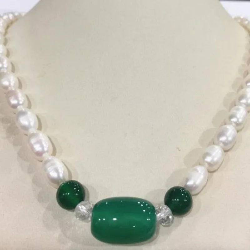 7-8mm Akoya Freshwater Rice Pearl & Green Agate Necklace
