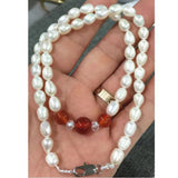 7-8mm Akoya Freshwater Rice Pearl & Red Agate Necklace 18AAA