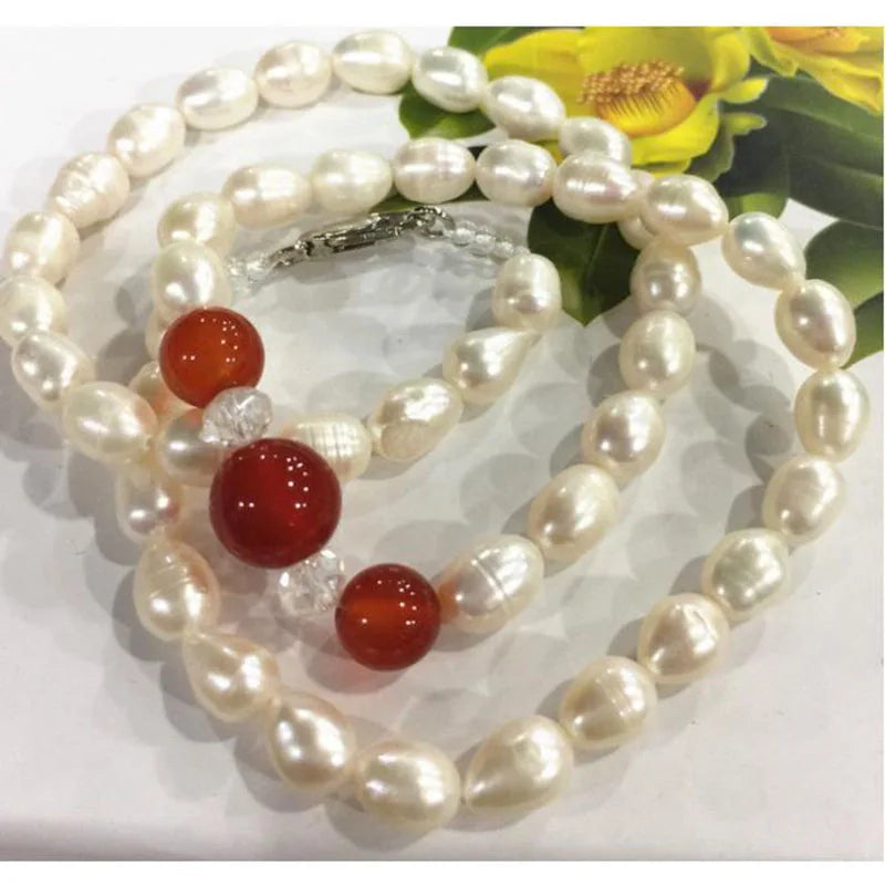 7-8mm Akoya Freshwater Rice Pearl & Red Agate Necklace 18AAA