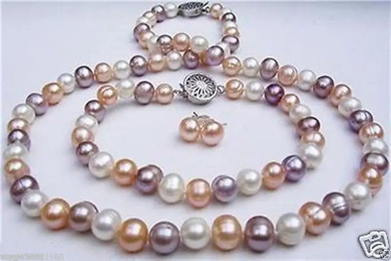 Pink Purple Freshwater Pearl Jewelry Set 7.5 inch