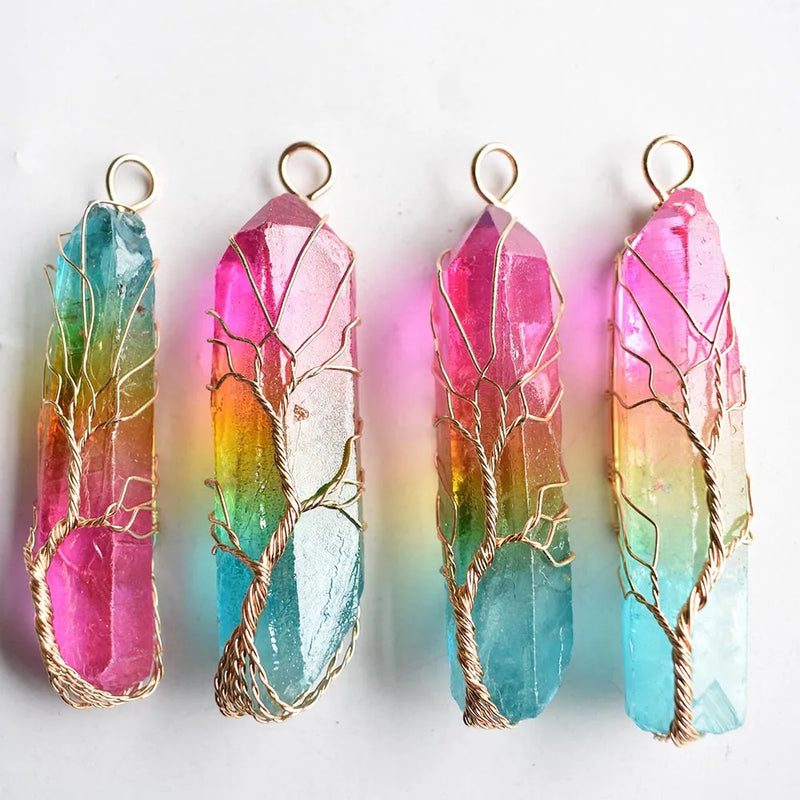 7 Chakra Crystal Natural Rainbow Stone Quartz tree of life Pendant Necklace