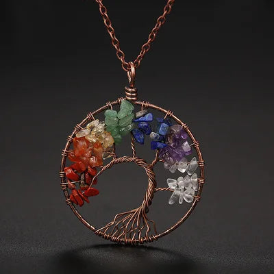 Chakra Beads Wrap Necklace with Tree of Life Pendant