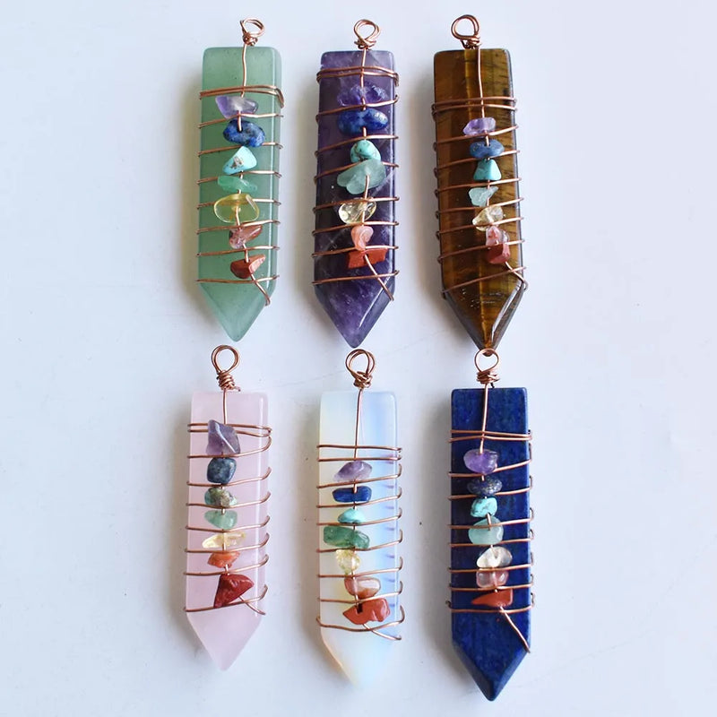 7 Chakra Reiki Wrap Pendulum Pendants Natural Stone Amethysts Lapis Lazuli 6pcs