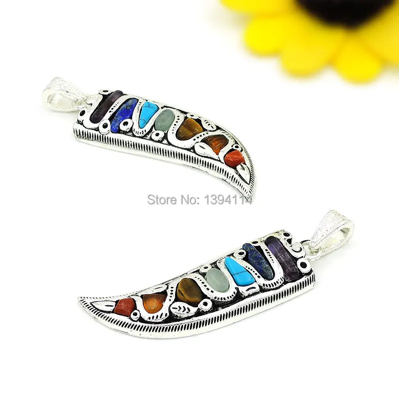 7 Chakra Stones Horn Pendant Brass Base Platina Plated 55x20mm