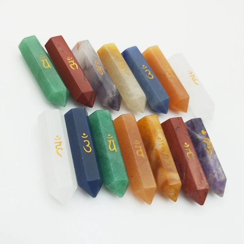 7 Chakra Symbol Crystal Column Set Hexagon Pointed Reiki Amethyst Clear Quartz