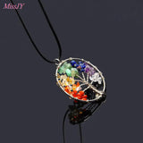 7 Chakra Tree Of Life Pendant Necklace with Rose Quartz Crystal