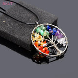 7 Chakra Tree Of Life Pendant Necklace with Rose Quartz Crystal
