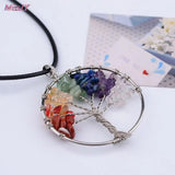 7 Chakra Tree Of Life Pendant Necklace with Rose Quartz Crystal