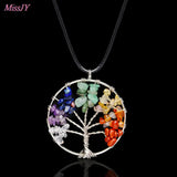 7 Chakra Tree Of Life Pendant Necklace with Rose Quartz Crystal