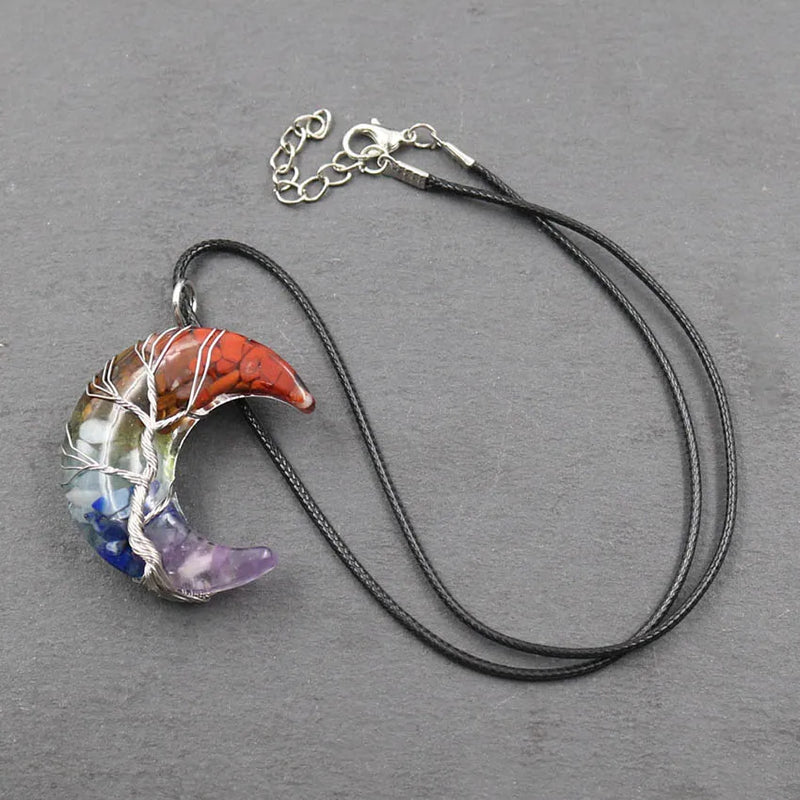 7 Chakra Tree of Life Moon Pendant Crystal Necklace