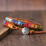 7 Chakra Colors Leather Bracelet with Natural Stone Beads