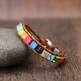 7 Chakra Colors Leather Bracelet with Natural Stone Beads