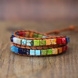 7 Chakra Colors Leather Bracelet with Natural Stone Beads