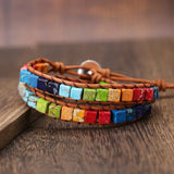 7 Chakra Colors Leather Bracelet with Natural Stone Beads