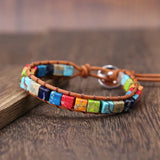 7 Chakra Colors Leather Bracelet with Natural Stone Beads