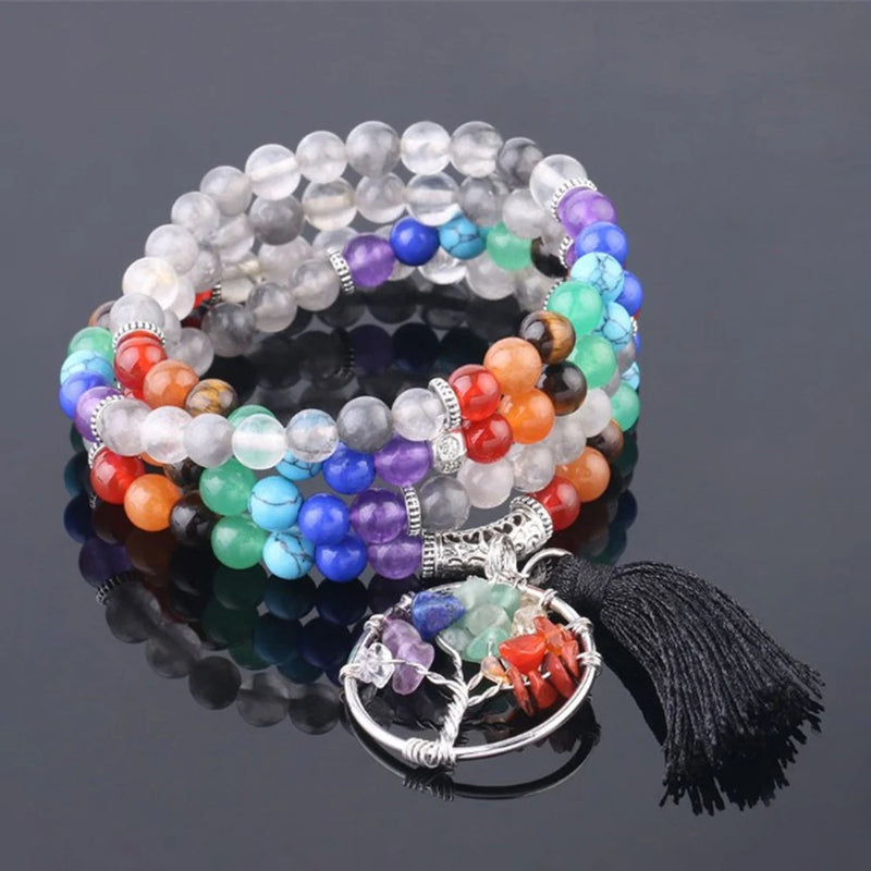 7 Chakras 6mm Natural Crystal 108 Bracelet Yoga Tree of Life Pendant