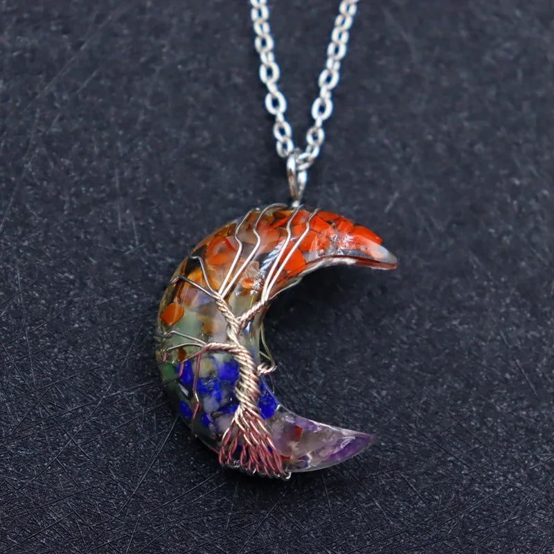 Chakras Tree of Life Necklace Moon Pendants Natural Stone Resin Quartz Chain