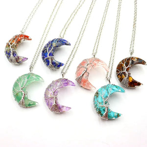 Chakras Tree of Life Necklace Moon Pendants Natural Stone Resin Quartz Chain