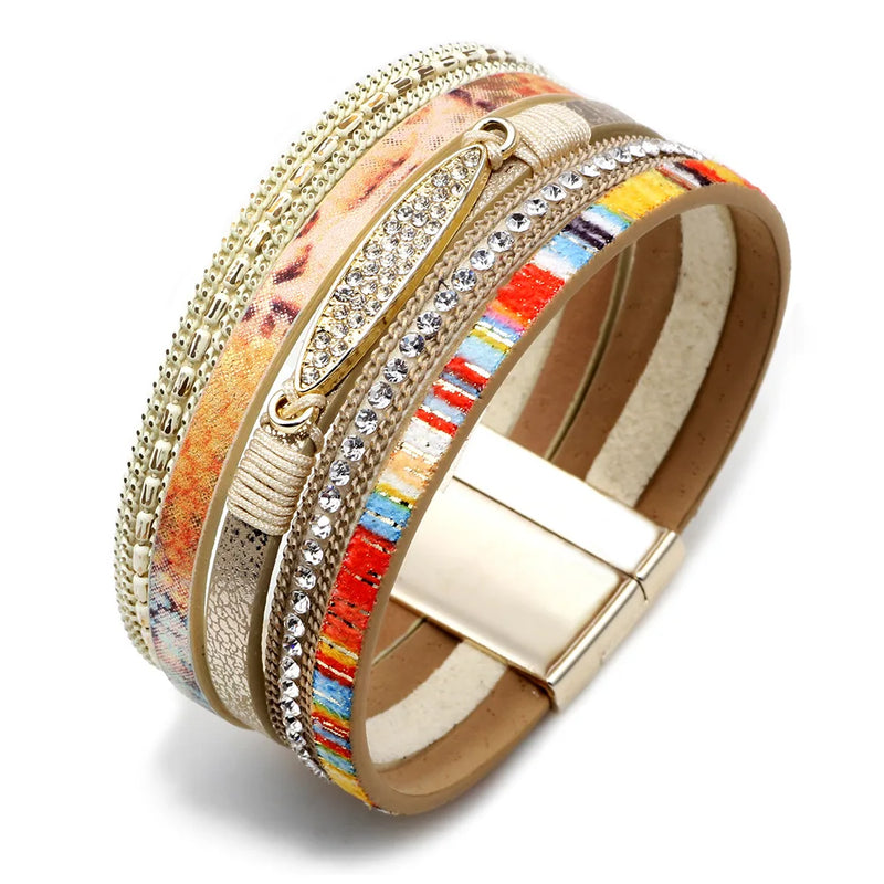 Boho PU Charm Bracelet with Magnetic Buckle for Women