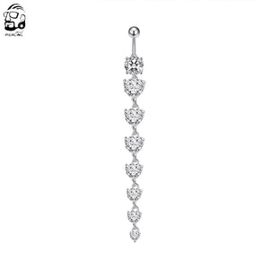 7 Heart Crystals Dangled Belly Button Ring Surgical Steel Navel Piercing 14g Bar