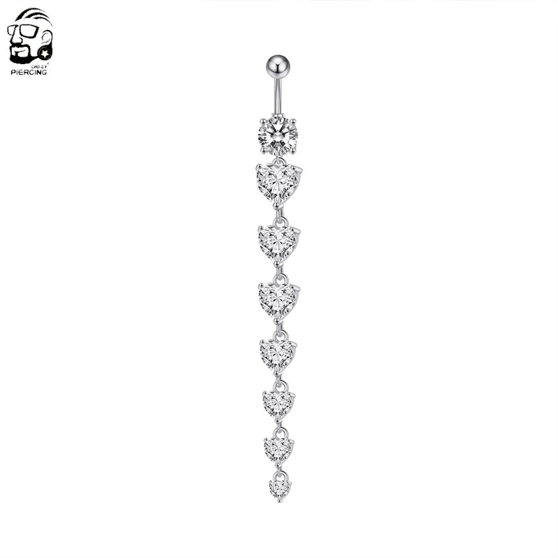 7 Heart Crystals Dangled Belly Button Ring Surgical Steel Navel Piercing 14g Bar