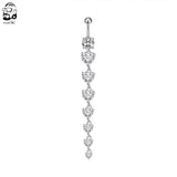 7 Heart Crystals Dangled Belly Button Ring Surgical Steel Navel Piercing 14g Bar