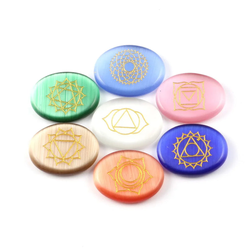 7 PCS Chakra Stones w/ Lapis Lazuli Engraved Symbols Crystal Healing