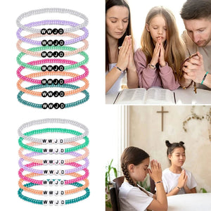 7 Pack WWJD Stretch Bracelets Summer Colors Beaded Religious Christian Jewelry
