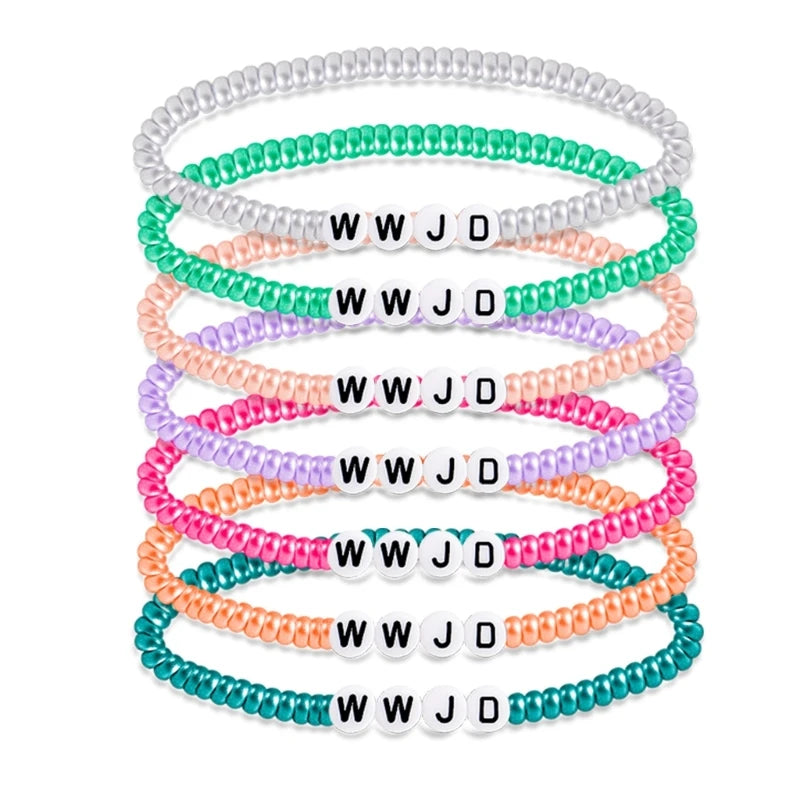7 Pack WWJD Stretch Bracelets Summer Colors Beaded Religious Christian Jewelry