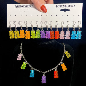 7 Pairs Cartoon Bear Girl Party Earrings & Necklace Set