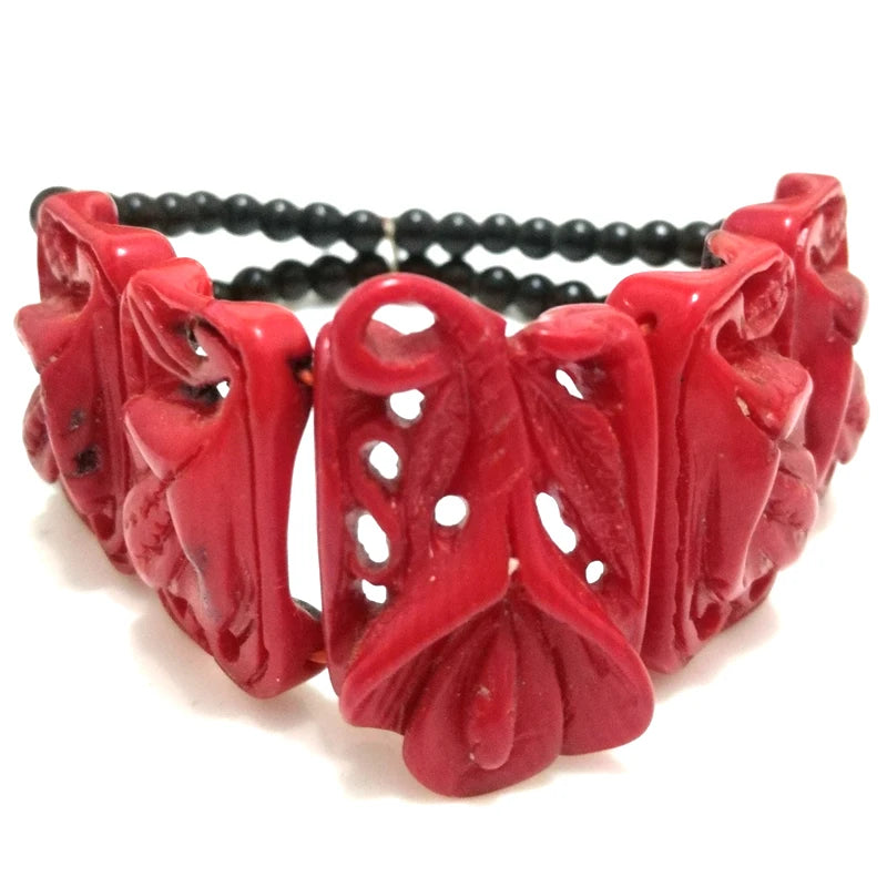 7in Stretch Red Coral Bracelet Hand Carved Flower
