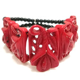 7in Stretch Red Coral Bracelet Hand Carved Flower