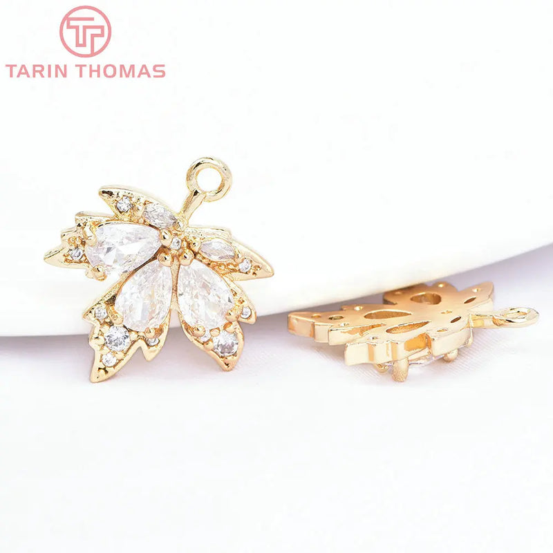 4PCS 17x20MM 24K Brass Glass Maple Leaves Charms Pendants