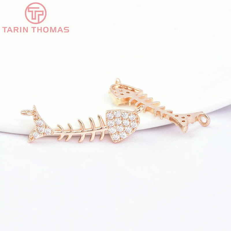 6PCS 8.5x27MM Brass Fishbone Charms Pendants with Zircon, DIY Jewelry Findings